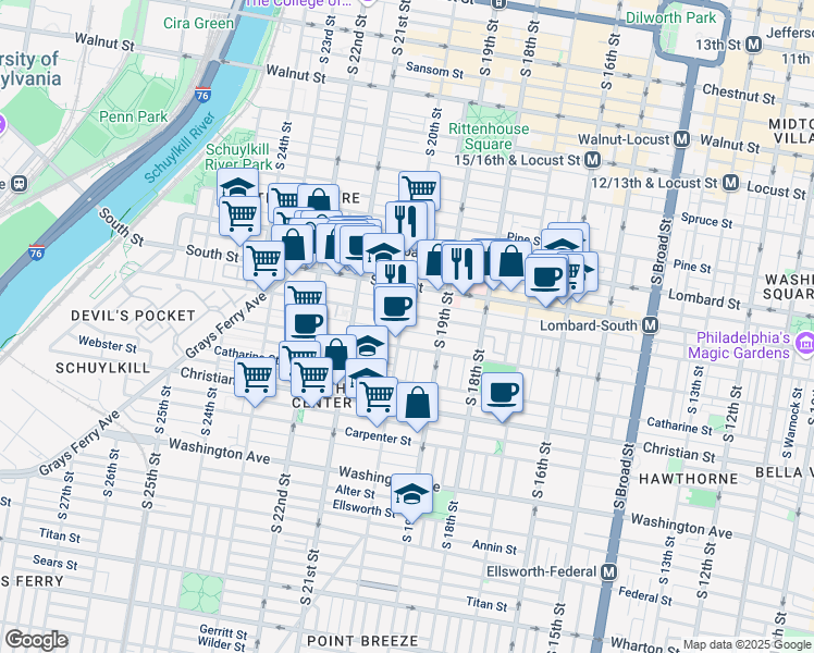 map of restaurants, bars, coffee shops, grocery stores, and more near 2004 Pemberton Street in Philadelphia