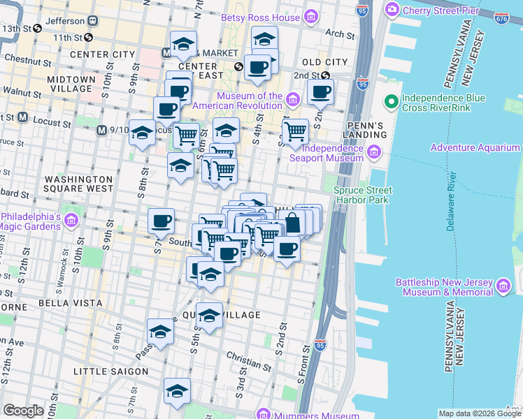 map of restaurants, bars, coffee shops, grocery stores, and more near 313 Pine Street in Philadelphia