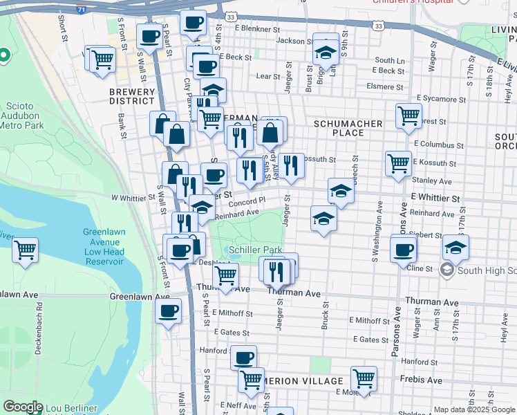 map of restaurants, bars, coffee shops, grocery stores, and more near 180 Reinhard Avenue in Columbus