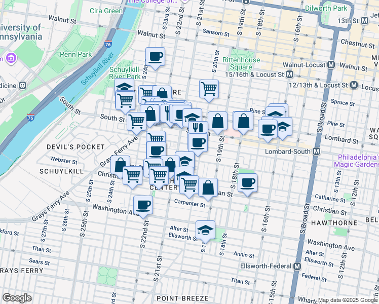 map of restaurants, bars, coffee shops, grocery stores, and more near 2031 Pemberton St in Philadelphia