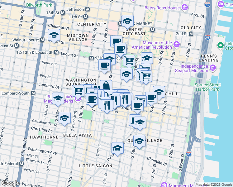 map of restaurants, bars, coffee shops, grocery stores, and more near 725 Lombard Street in Philadelphia