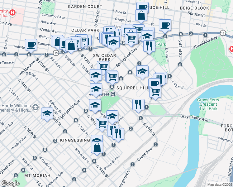 map of restaurants, bars, coffee shops, grocery stores, and more near 1110 South 49th Street in Philadelphia