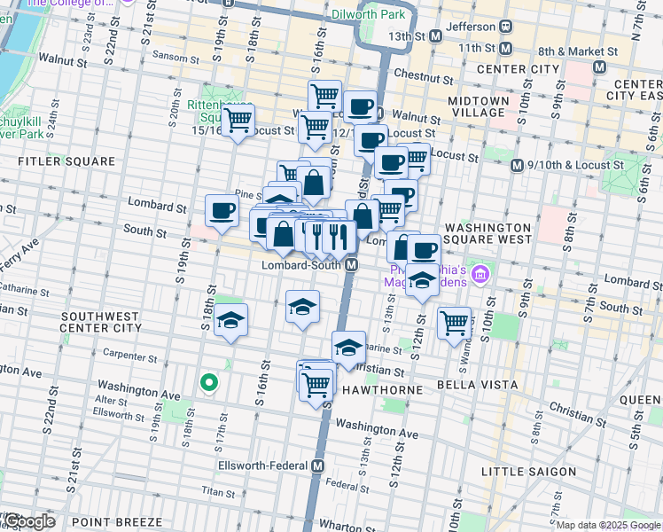 map of restaurants, bars, coffee shops, grocery stores, and more near 1424 South Street in Philadelphia