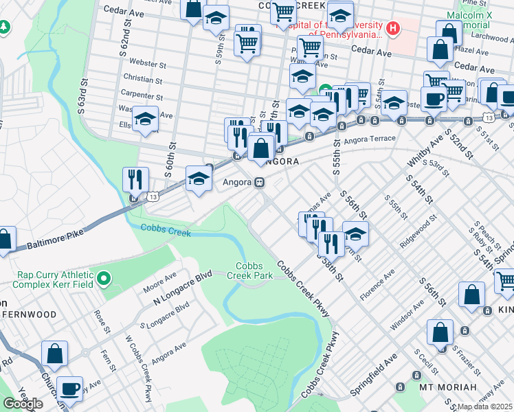 map of restaurants, bars, coffee shops, grocery stores, and more near 5823 Cobbs Creek Parkway in Philadelphia