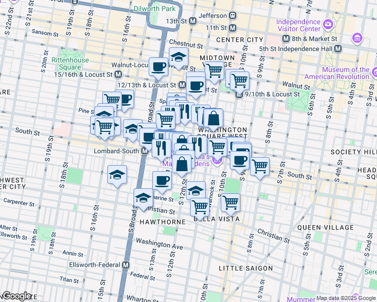 map of restaurants, bars, coffee shops, grocery stores, and more near 514 South 12th Street in Philadelphia