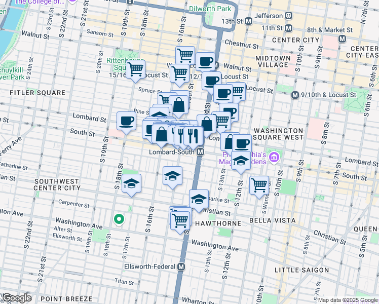 map of restaurants, bars, coffee shops, grocery stores, and more near 1424 South Street in Philadelphia