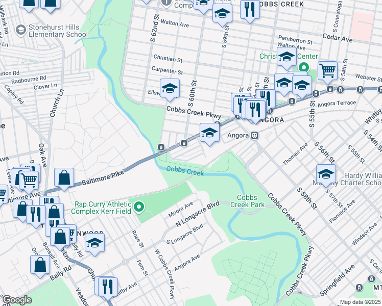 map of restaurants, bars, coffee shops, grocery stores, and more near 6032 Cedarhurst Street in Philadelphia