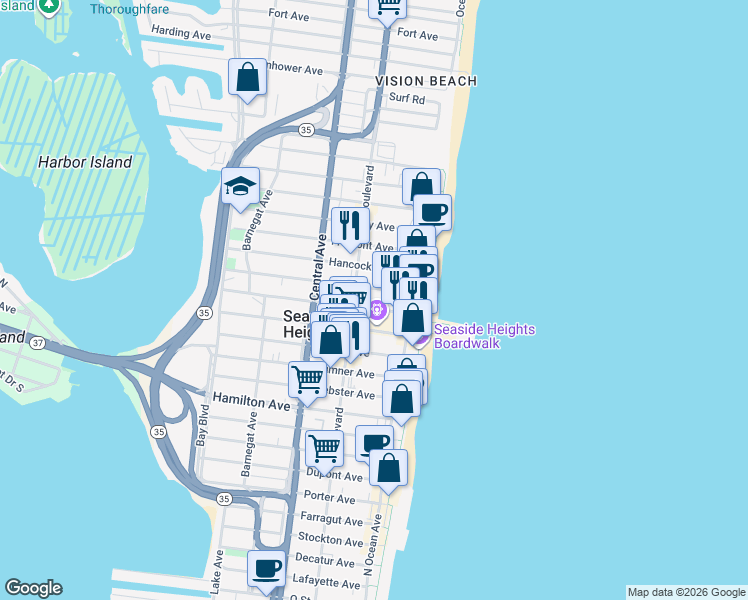 map of restaurants, bars, coffee shops, grocery stores, and more near 908 Ocean Boulevard in Seaside Heights
