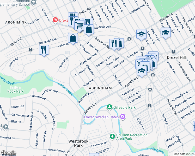map of restaurants, bars, coffee shops, grocery stores, and more near 454 Childs Avenue in Drexel Hill