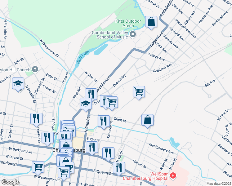 map of restaurants, bars, coffee shops, grocery stores, and more near 613 Broad Street in Chambersburg