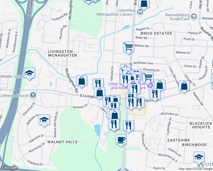 map of restaurants, bars, coffee shops, grocery stores, and more near 6041 Radekin Road in Columbus