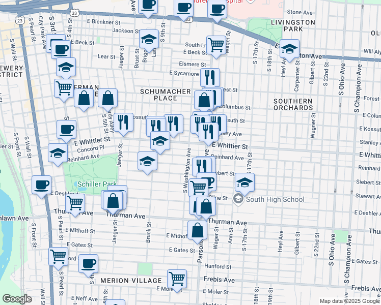 map of restaurants, bars, coffee shops, grocery stores, and more near 462 Reinhard Avenue in Columbus