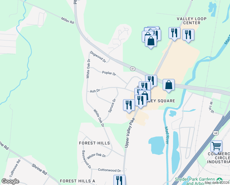 map of restaurants, bars, coffee shops, grocery stores, and more near 1125 Spruce Drive in Springfield