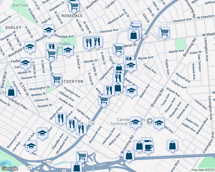 map of restaurants, bars, coffee shops, grocery stores, and more near 3743 Frosthoffer Avenue in Pennsauken Township