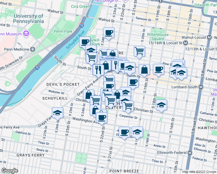map of restaurants, bars, coffee shops, grocery stores, and more near 2205 Fitzwater Street in Philadelphia