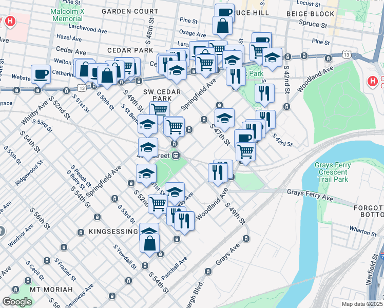 map of restaurants, bars, coffee shops, grocery stores, and more near 4821 Kingsessing Avenue in Philadelphia