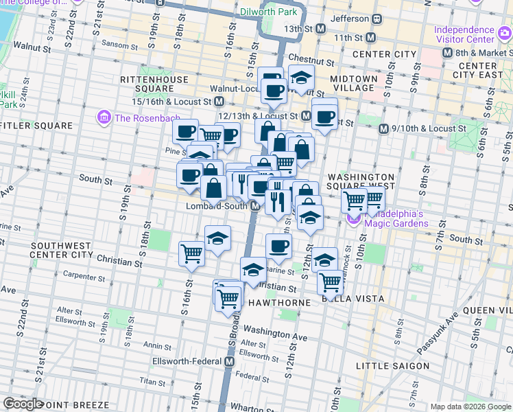 map of restaurants, bars, coffee shops, grocery stores, and more near South Broad Street & South Street in Philadelphia