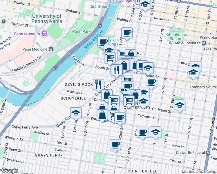 map of restaurants, bars, coffee shops, grocery stores, and more near 2338 Fitzwater Street in Philadelphia