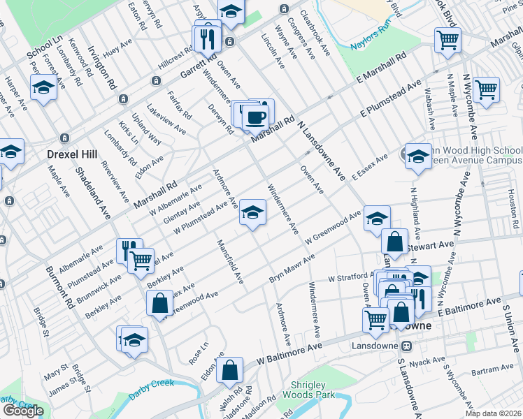 map of restaurants, bars, coffee shops, grocery stores, and more near 108 Drexel Avenue in Lansdowne