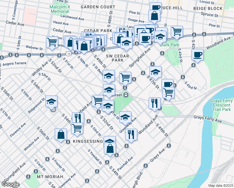 map of restaurants, bars, coffee shops, grocery stores, and more near 4921 South Saint Bernard Street in Philadelphia