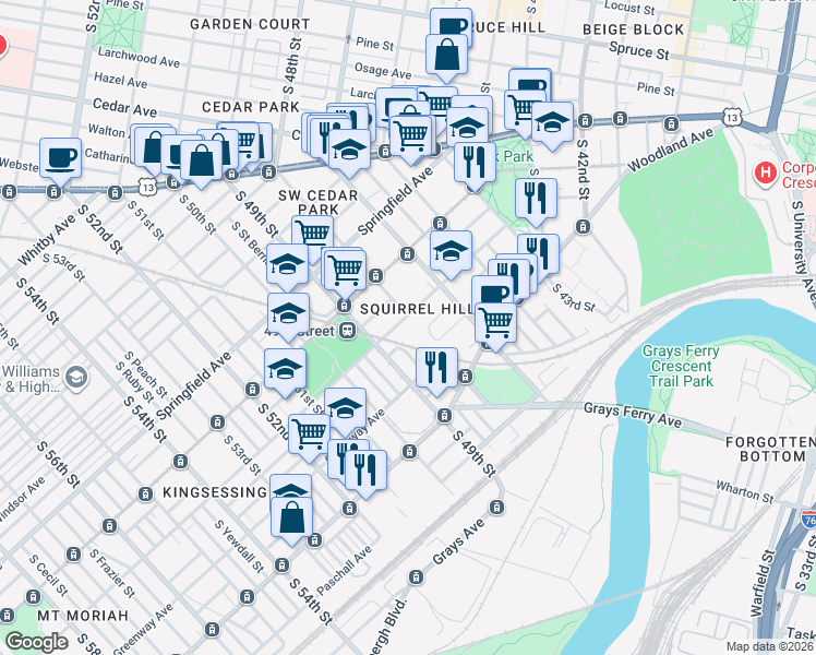 map of restaurants, bars, coffee shops, grocery stores, and more near 4816 Kingsessing Avenue in Philadelphia