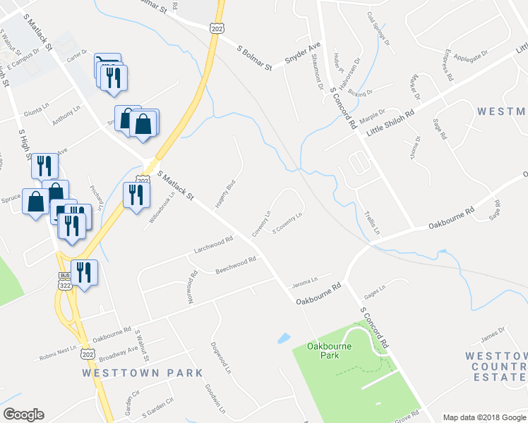 map of restaurants, bars, coffee shops, grocery stores, and more near 539 Coventry Lane in West Chester