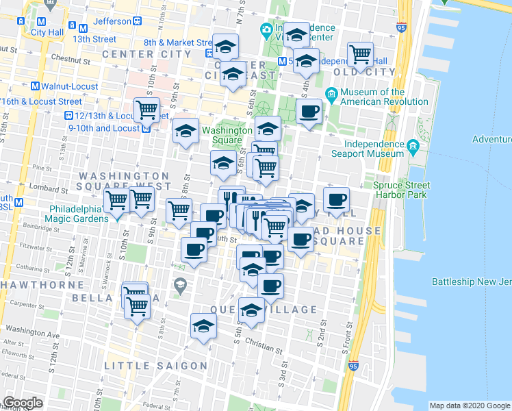 map of restaurants, bars, coffee shops, grocery stores, and more near 400 South 5th Street in Philadelphia