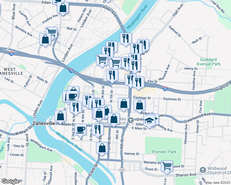 map of restaurants, bars, coffee shops, grocery stores, and more near 204 North 7th Street in Zanesville