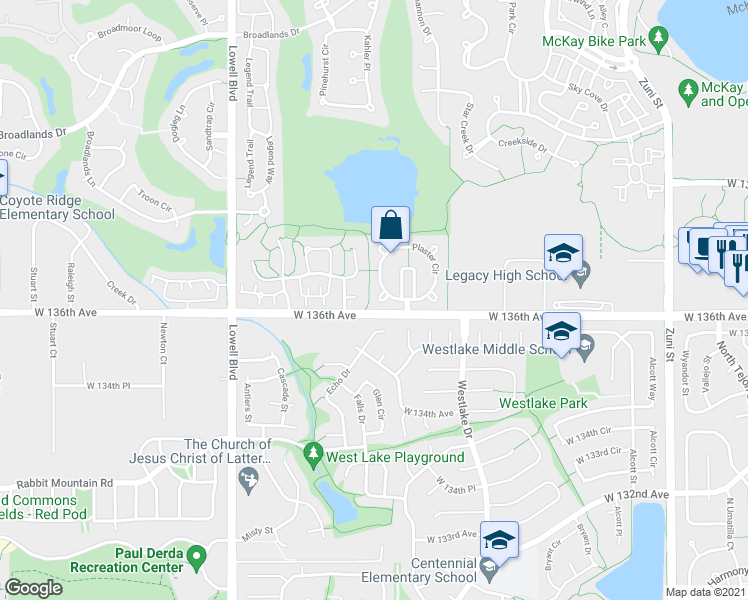 map of restaurants, bars, coffee shops, grocery stores, and more near 13694 Plaster Circle in Broomfield