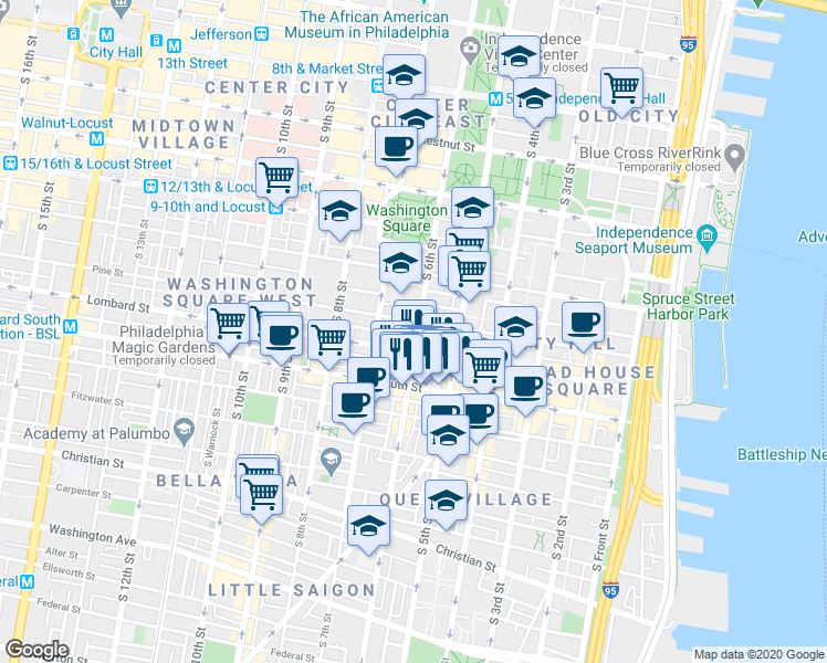 map of restaurants, bars, coffee shops, grocery stores, and more near 406 South 6th Street in Philadelphia
