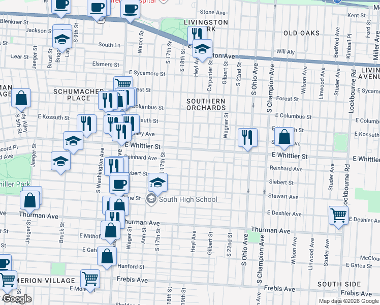 map of restaurants, bars, coffee shops, grocery stores, and more near 1015 Heyl Avenue in Columbus