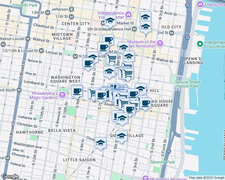 map of restaurants, bars, coffee shops, grocery stores, and more near 406 South 6th Street in Philadelphia