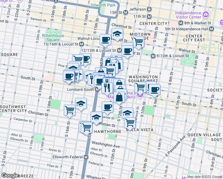 map of restaurants, bars, coffee shops, grocery stores, and more near 623 South Clarion Street in Philadelphia