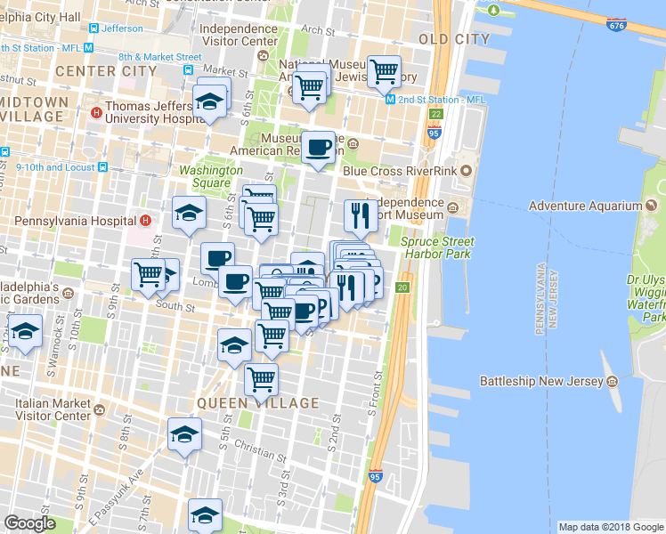 map of restaurants, bars, coffee shops, grocery stores, and more near 236 Delancey Street in Philadelphia