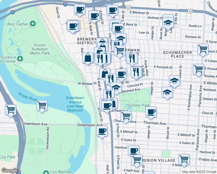 map of restaurants, bars, coffee shops, grocery stores, and more near 910 South High Street in Columbus