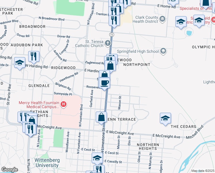 map of restaurants, bars, coffee shops, grocery stores, and more near 1610 North Limestone Street in Springfield