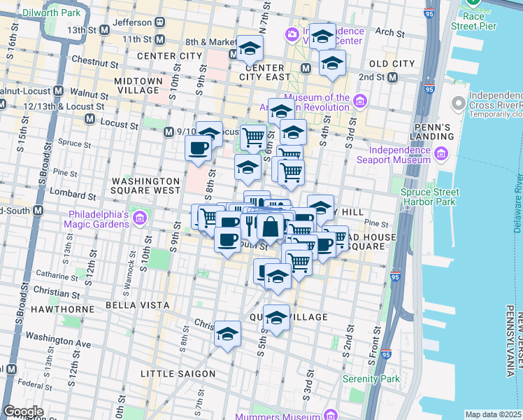 map of restaurants, bars, coffee shops, grocery stores, and more near 536 Pine Street in Philadelphia