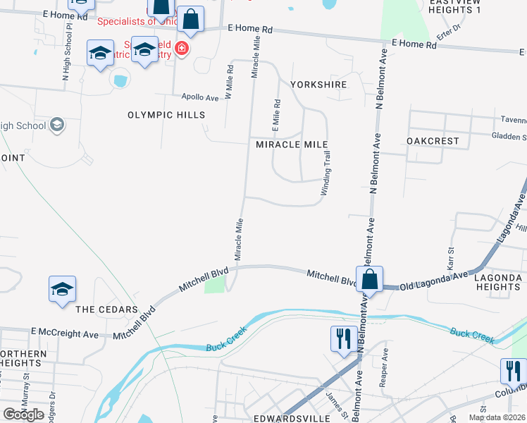 map of restaurants, bars, coffee shops, grocery stores, and more near 1535 Winding Trail in Springfield