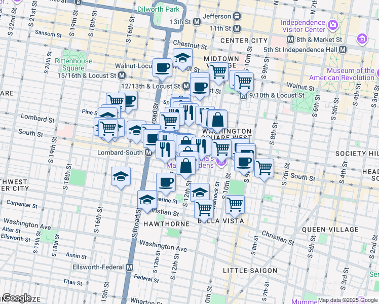 map of restaurants, bars, coffee shops, grocery stores, and more near 200-10 Lombard Street in Philadelphia