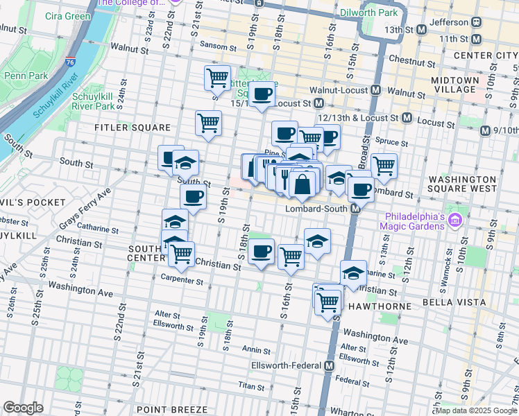 map of restaurants, bars, coffee shops, grocery stores, and more near 1713 Bainbridge Street in Philadelphia