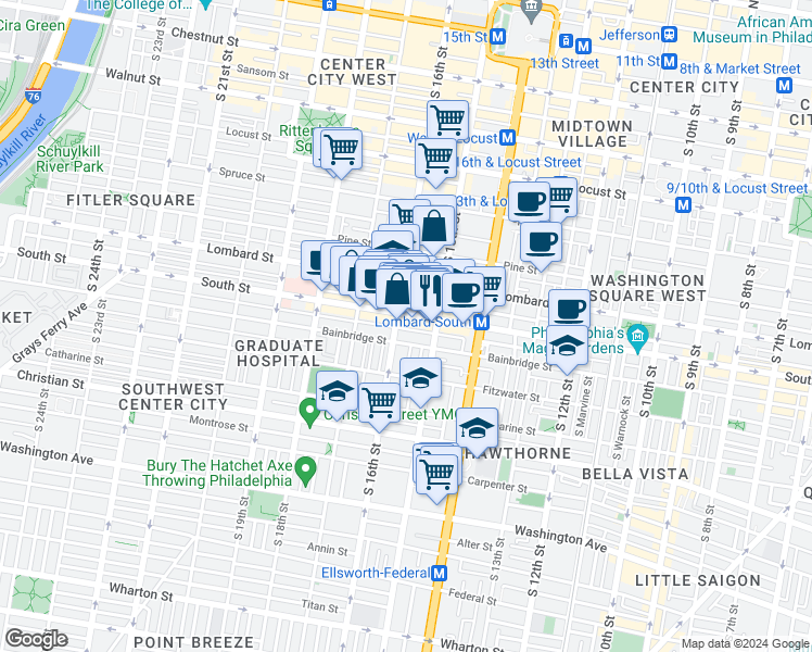 map of restaurants, bars, coffee shops, grocery stores, and more near 1537 Kater Street in Philadelphia
