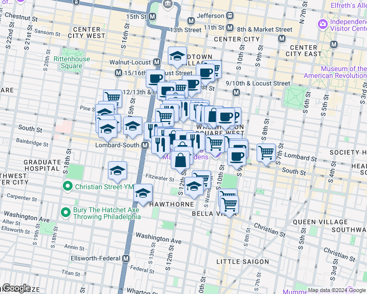 map of restaurants, bars, coffee shops, grocery stores, and more near 200-10 Lombard Street in Philadelphia
