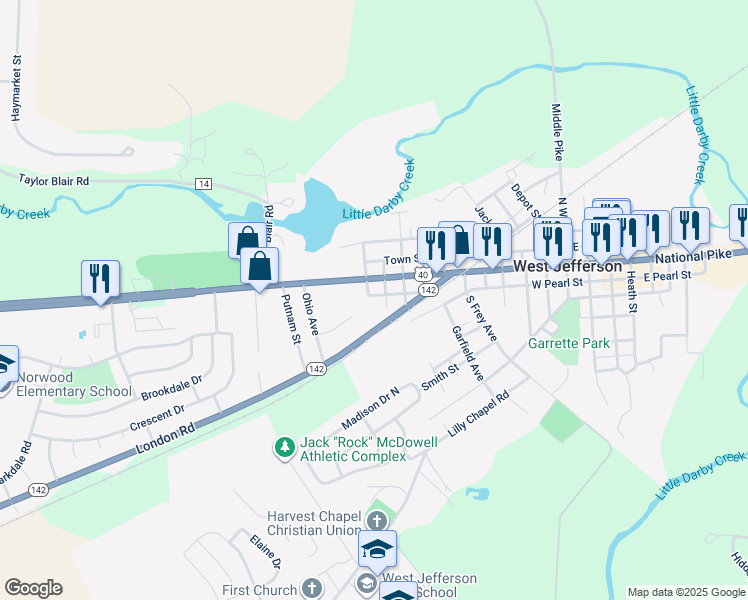 map of restaurants, bars, coffee shops, grocery stores, and more near 315 West Pearl Street in West Jefferson