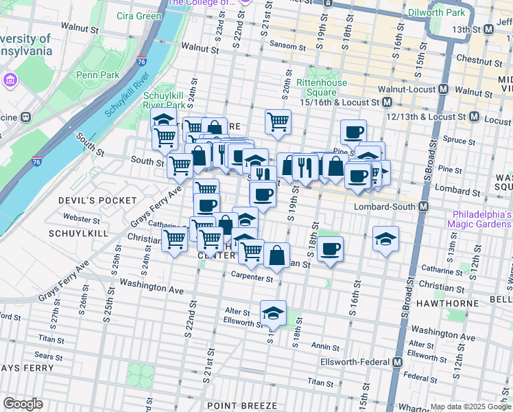 map of restaurants, bars, coffee shops, grocery stores, and more near 2019 Pemberton Street in Philadelphia
