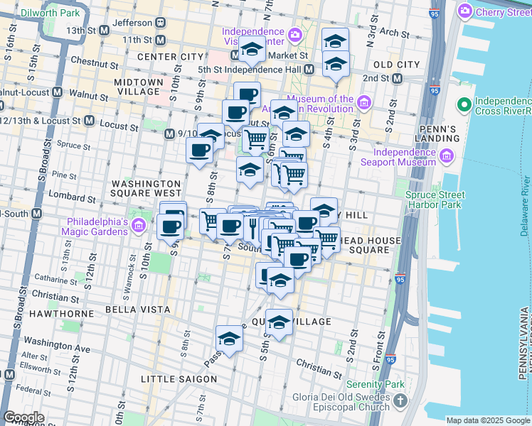 map of restaurants, bars, coffee shops, grocery stores, and more near 534 Pine Street in Philadelphia