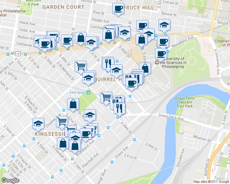 map of restaurants, bars, coffee shops, grocery stores, and more near 4718 Reinhard Street in Philadelphia