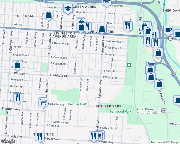 map of restaurants, bars, coffee shops, grocery stores, and more near 1132 Geers Avenue in Columbus
