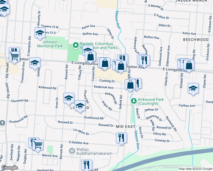 map of restaurants, bars, coffee shops, grocery stores, and more near 3566 Seabrook Avenue in Columbus