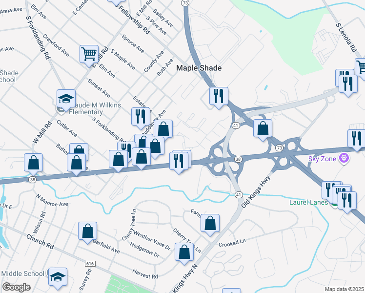 map of restaurants, bars, coffee shops, grocery stores, and more near 45 Maplewood Drive in Maple Shade
