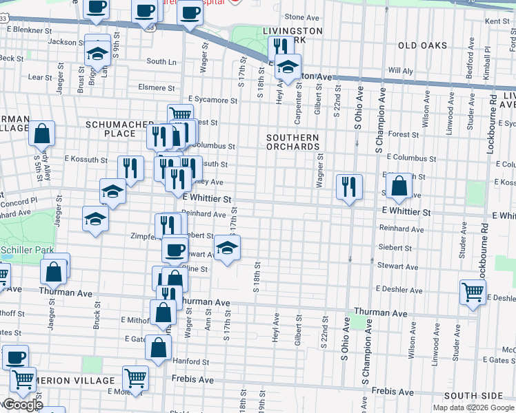 map of restaurants, bars, coffee shops, grocery stores, and more near 678 Reinhard Avenue in Columbus